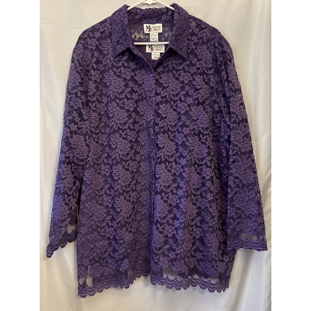 Women's Maggie Sweet 2Pc Lace Button Up Blouse Cami Dk Lavender Sz 3X Gorgeous